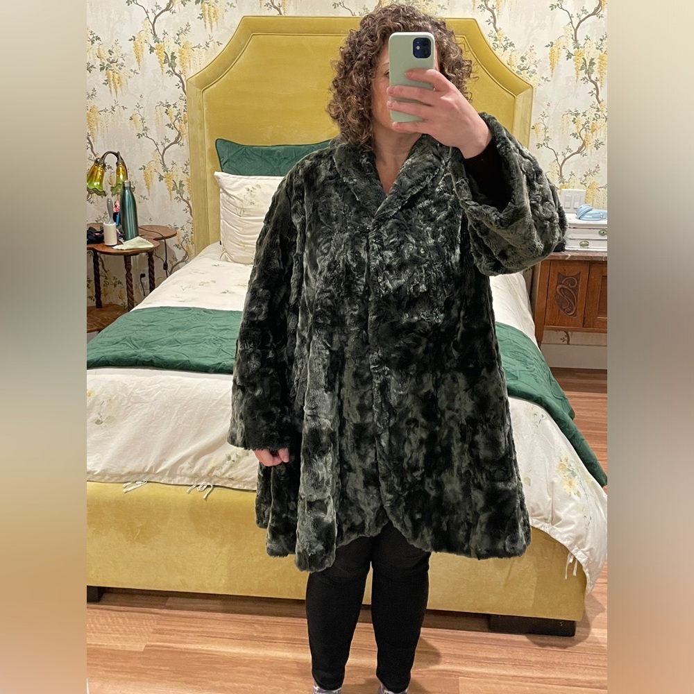 Olive green faux fur vintage swing coat